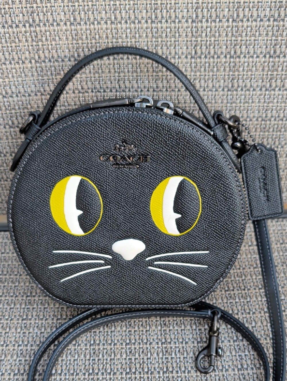 Coach Black Leather Cat Face Crossbody with Yellow & White Accents